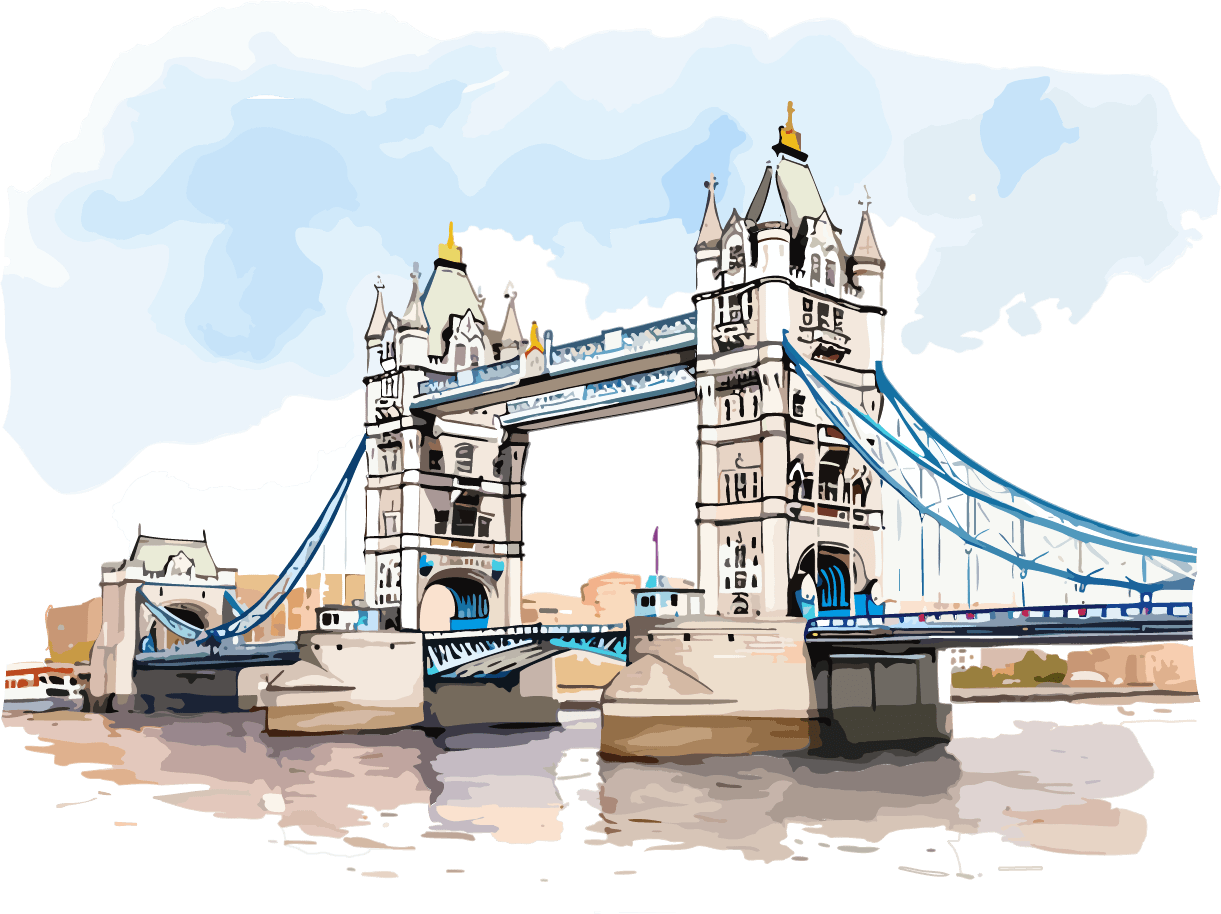 Акварелна картина на Тауър Бридж в Лондон, показваща иконичните две кули и висящите пролети на моста, с нежно смесване на цветове, отразяващи отражението на моста във водите на река Темза.